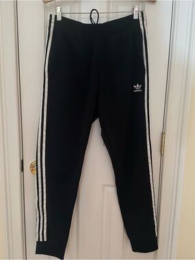 Adidas Men's Black Track Pants with White Stripes, Size Medium
